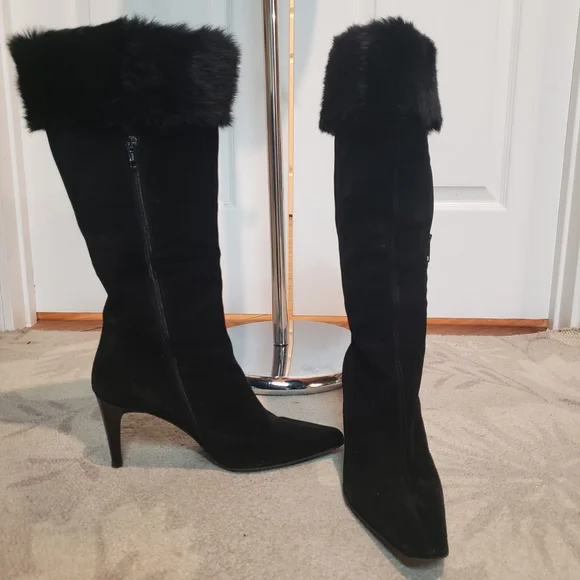 Massimo Baldi Italian fur-trimmed black suede boots Size 9.5 - Picture 2 of 3